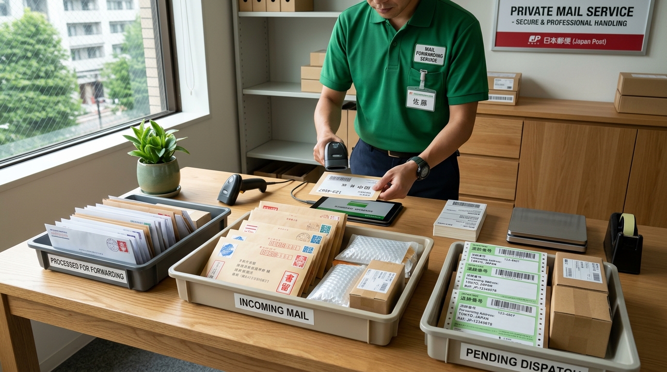 私設私書箱での丁寧な郵便物仕分けと追跡付き転送準備の作業風景